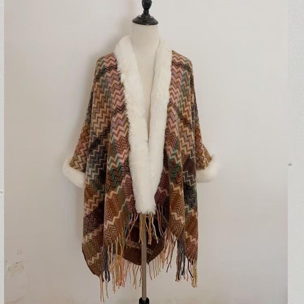 Winter Warm Faux Fur Collar Shawl Ethnic Style Striped Cardigan Tassel Shawl Artificial Wool Plush Knitting Wraps