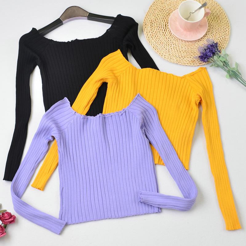 Autumn New Slim Fit Slimming One Shoulder T-shirt for Women Short Knit Sweater, Long Sleeved Top Sweaters