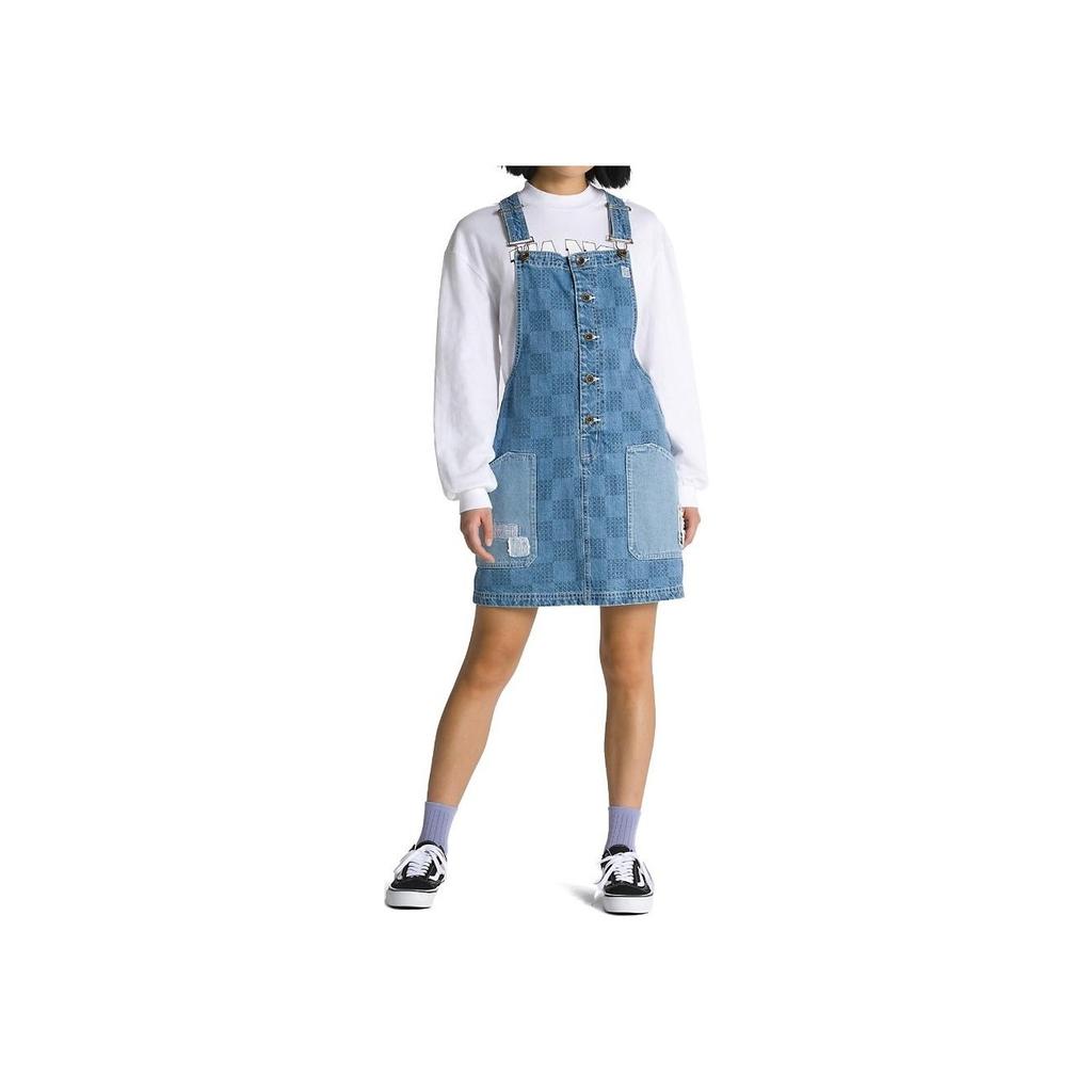 Vans Vestido sem Mangas Jeans Xadrez Bloco de Cores Vestidos Femininos Azul VN00075R7W6