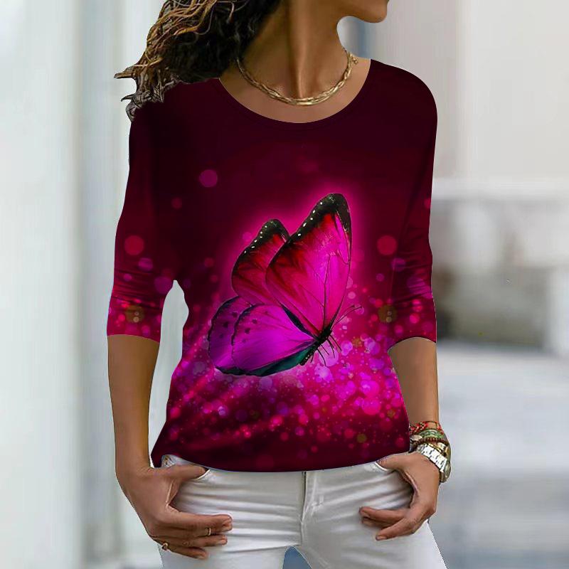 Damen Herbst Tops Lose Blau Schmetterling Print Kausal Langarm T-Shirt Top Bluse