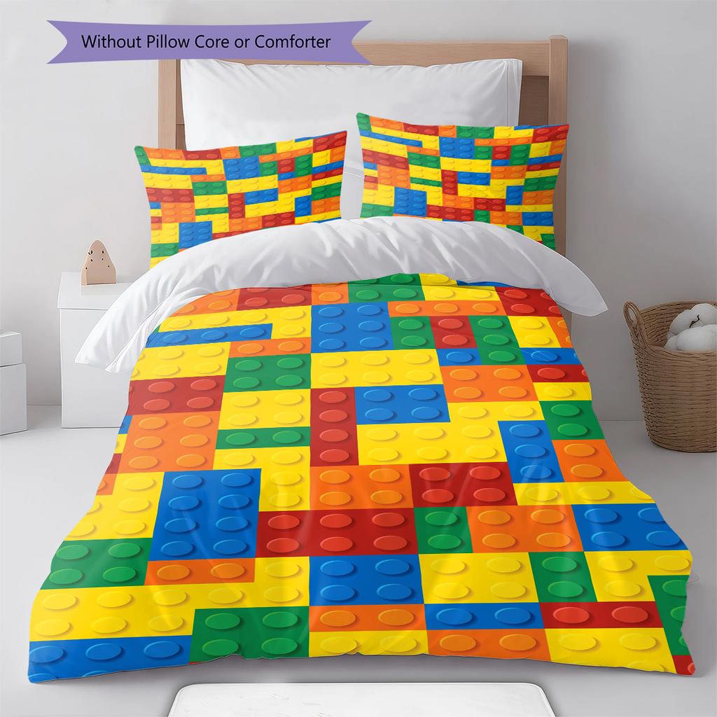 Building Blocks Pattern Bedding Quilt Set Quilt Cover Pillowcase Home Decoration Gift (1 * Duvet Cover + 2 * Pillowcase, Without Core)