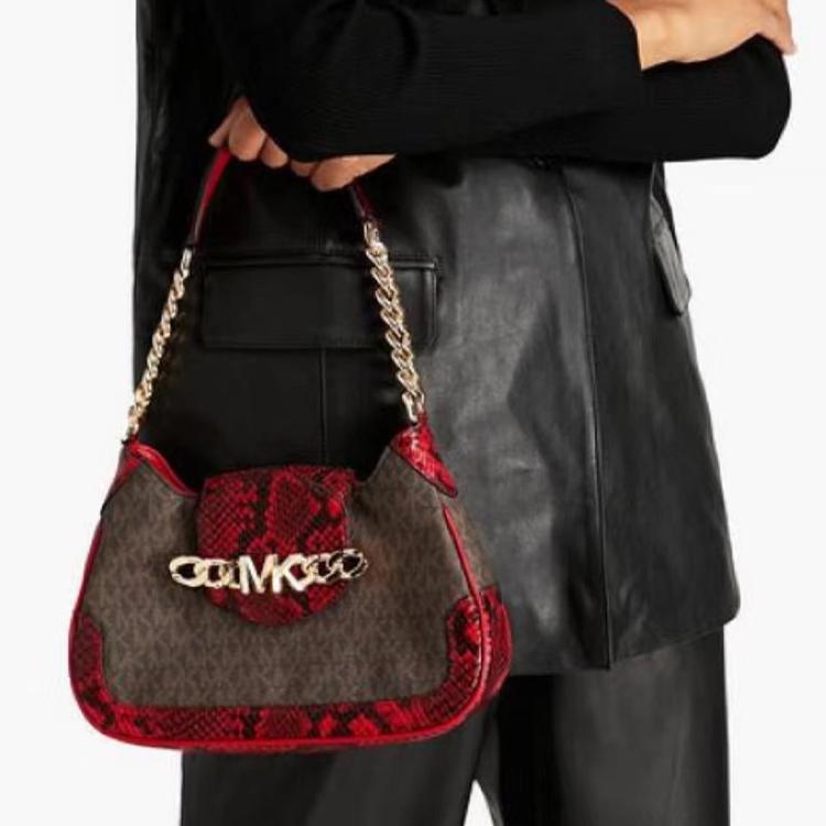 New MICHAEL KORS Hally Cow Leather With Artificial Leather Handbag, Shoulder Bag Women's Dark Brown/Red 30H1G2HL0E-602