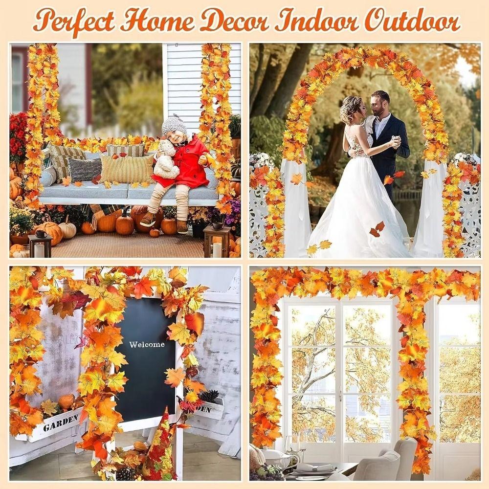 Creative Red Autumn Maple Leaves 1.7m Silk Maple Leaves Artificial Maple Garland Realistic Double Maple Leaf