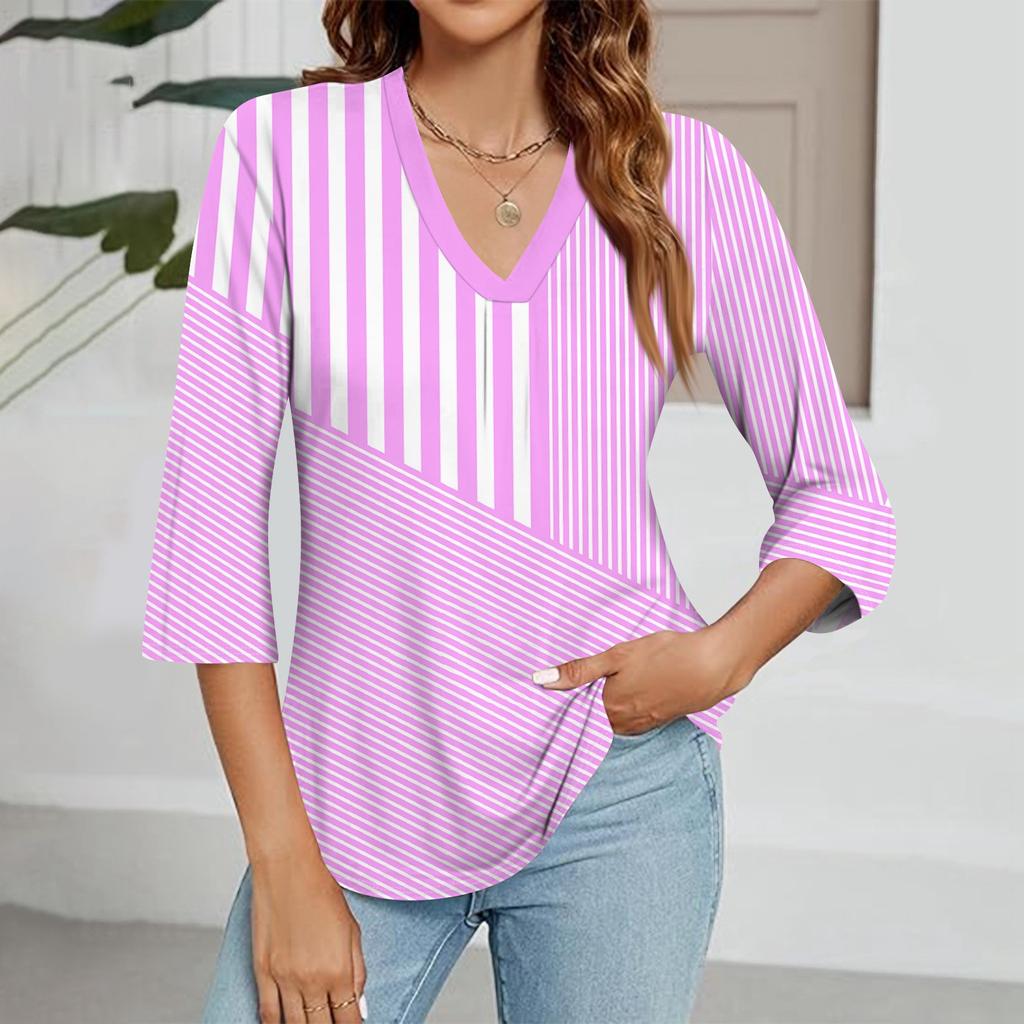 Women's V-neck Gradient Print Three-quarter Sleeve Fashion Top