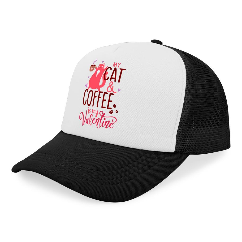 My Cat and Coffee is My Valentine Trucker Hat Polyester Adjustable Casual Baseball Cap