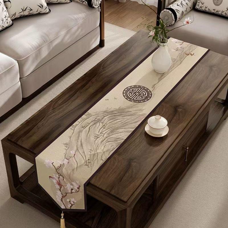 Chinese Style Table Flag Waterproof Oil Resistant Tassel Table Runner Tea House Tea Towels Zen Tea Table Cloth Hotel Bed Flag