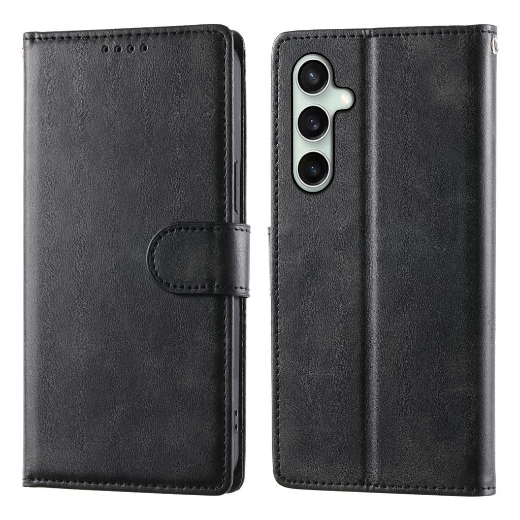 For Samsung Galaxy S24 FE Case Stand Wallet Calf Texture PU Leather Flip Phone Cover with Wrist Strap