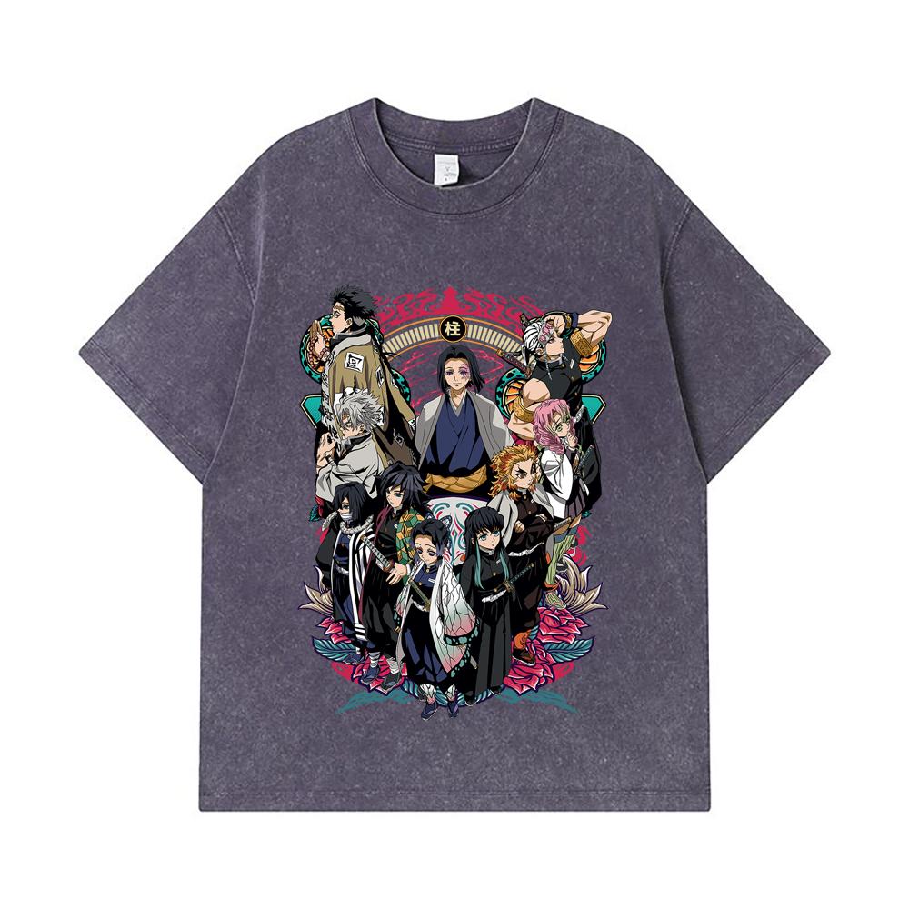 275 GSM Washed T-shirts 100% Cotton Demon Slayer V62 Hashiras Print Unisex Heavy Cotton T Shirt
