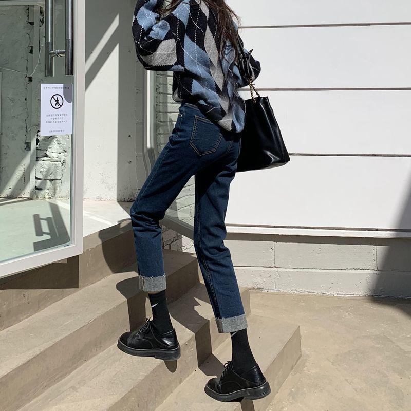 

Women s Dark Blue High Waist Slimming Straight Leg Jeans - Summer 2023 Petite Cigarette Pants Trend S темно-синий