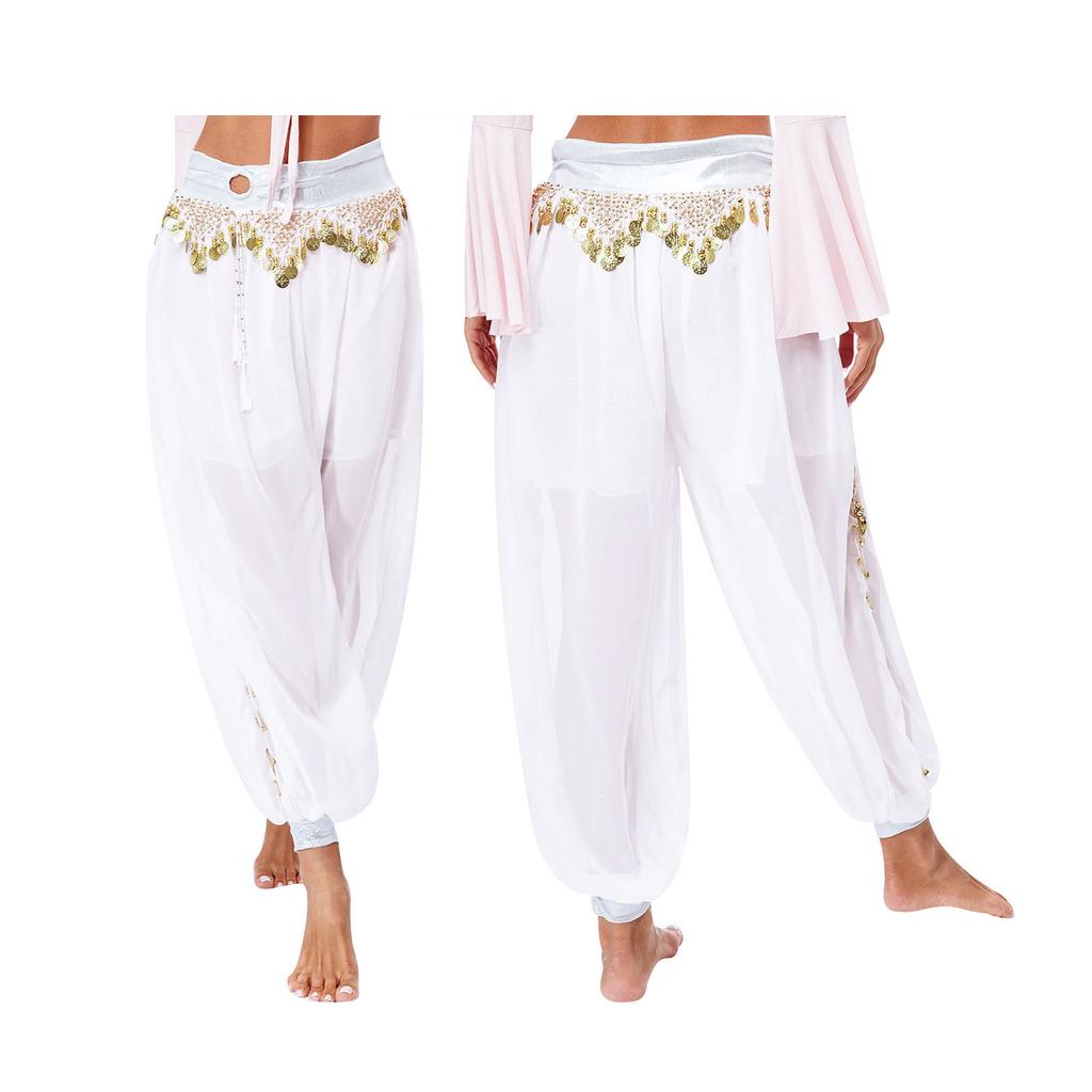 Women's Belly Dance Harem Pants Shiny Sequin Tassel Trouser Arabic Performance Loose Pants