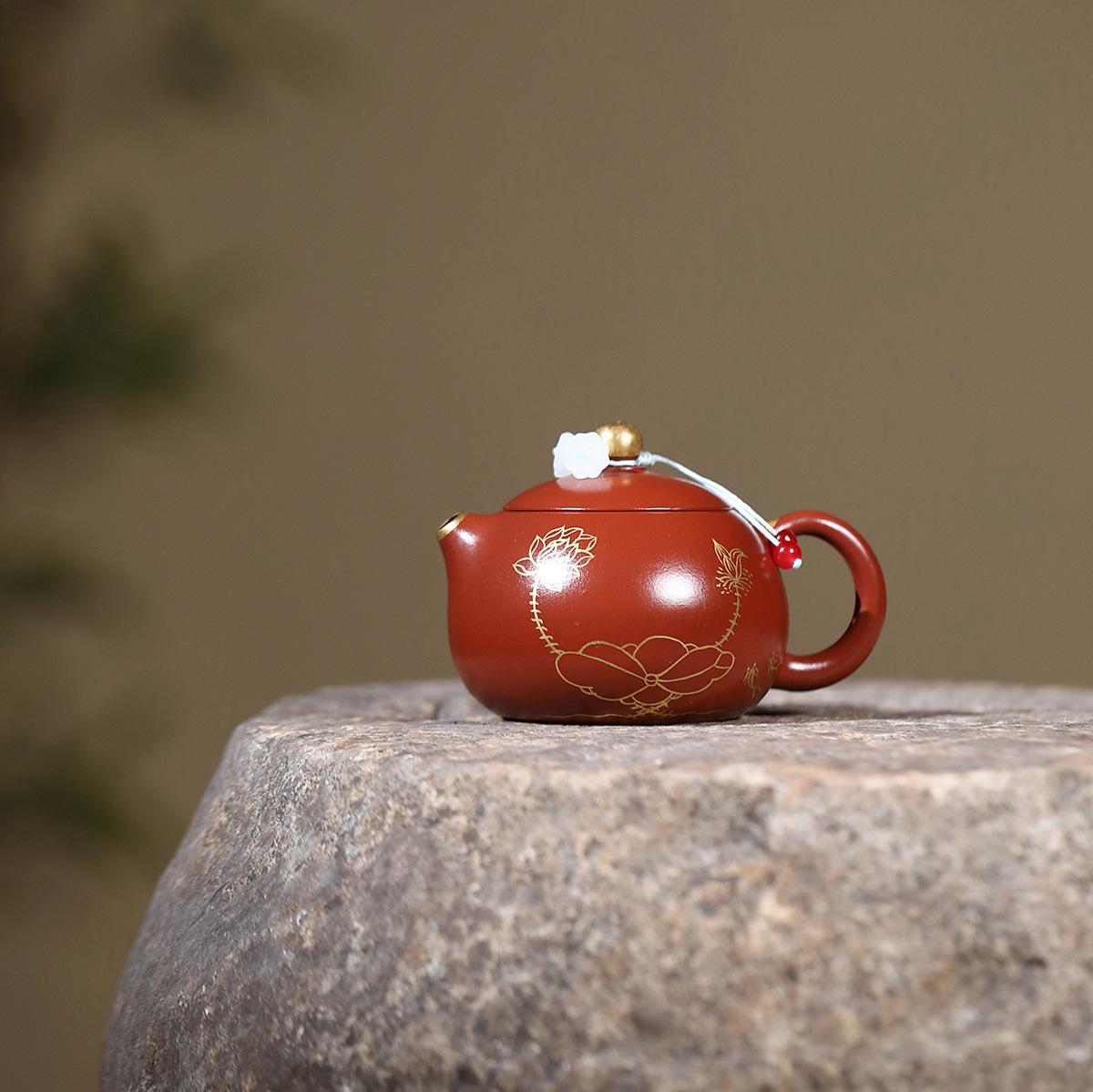 

190ml Yixing Purple Clay Teapot Handmade Gold Drawing Xishi Pot Raw Ore Dahongpao Mud Tea Maker Kettle With Infuser Zisha Teaset