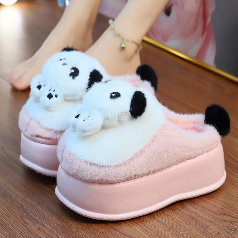 8 cm Vysoké platformové kožešinové pantofle dámské zimní nadýchané uši domácí obuv žena bílé králičí pantofle žena domácí dřeváky