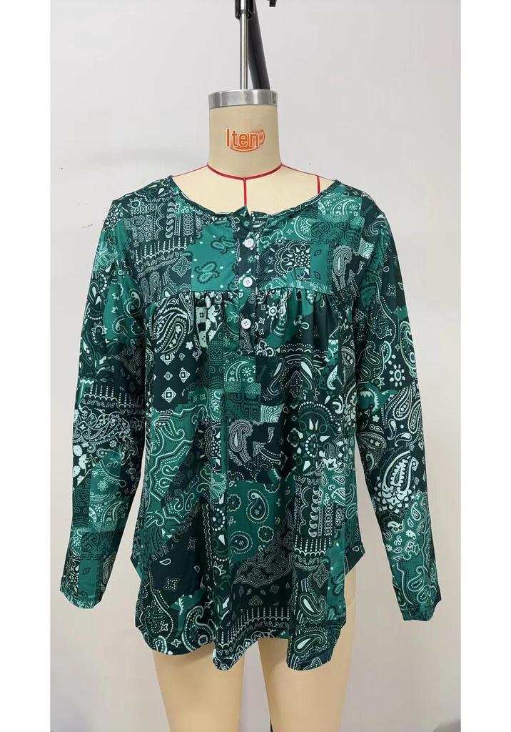 Elegant Plus Size Paisley V-Neck Button Top for Women