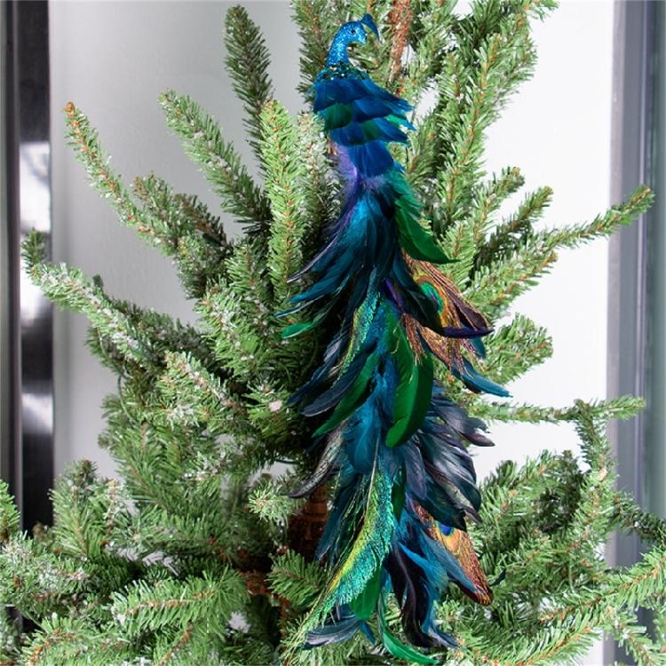2Pcs Artificial Natural Feathered Peacocks with Long Tail Designs Christmas Tree Clip on Ornaments for Home Party Decor