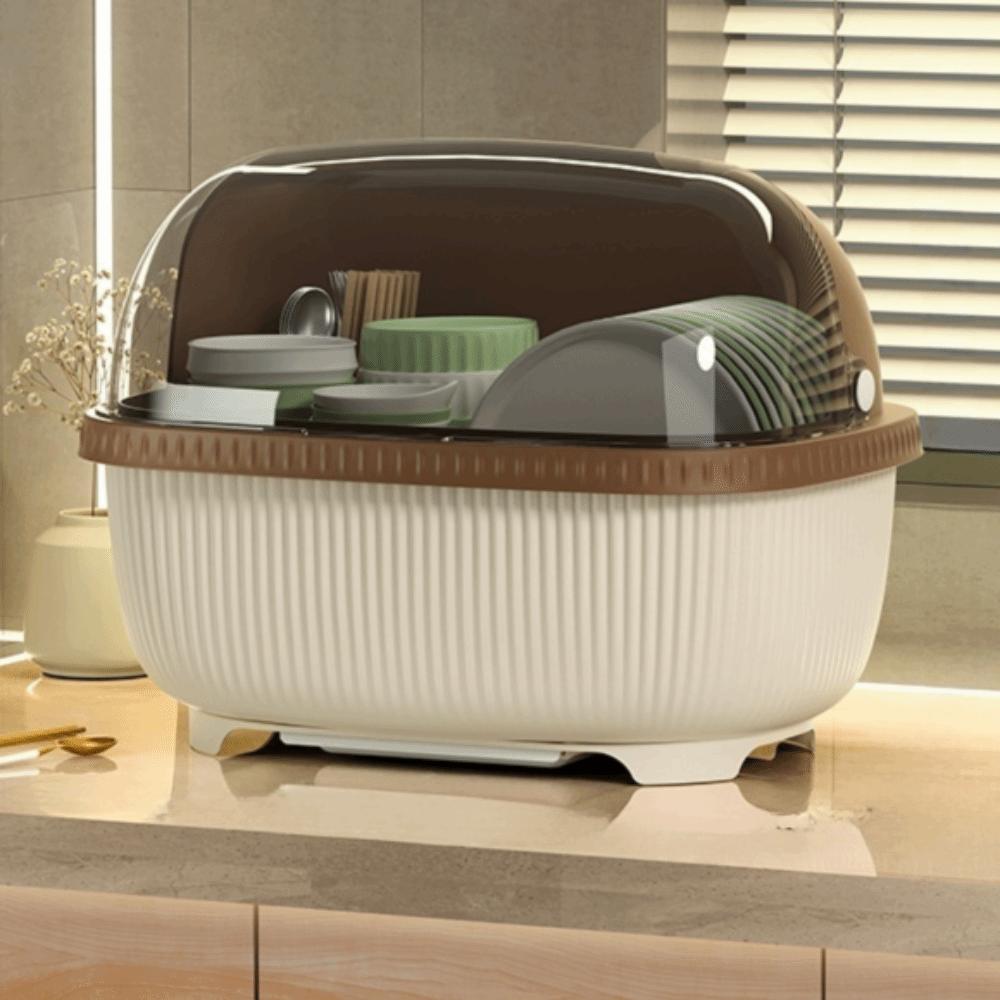 Stor oppvaskstativ med takdeksel Plast Multifunksjonelt oppbevaringsstativ for servise med avrenningsbrett Skap