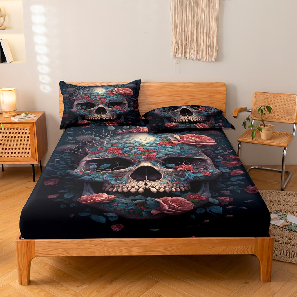 3-Piece Simple Modern Skull Animal Pattern Digital Printing Three Piece Fitted Sheet Set, Bedroom Printed Bed Cover Set, Bedding