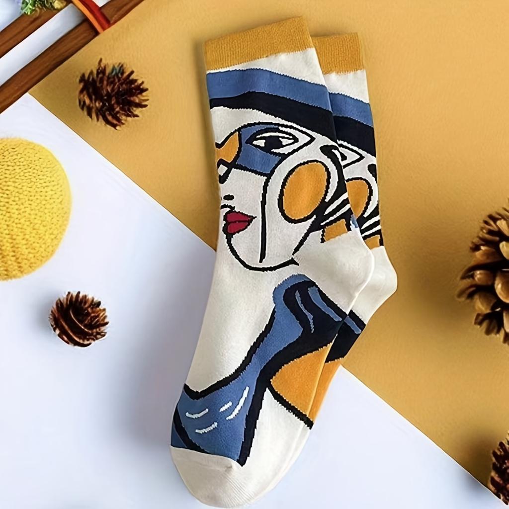 3 par strumpor med abstrakt ansikte - Konstnärlig oljemålning design tubstrumpor, bekväma vita med färgglatt abstrakt ansikte