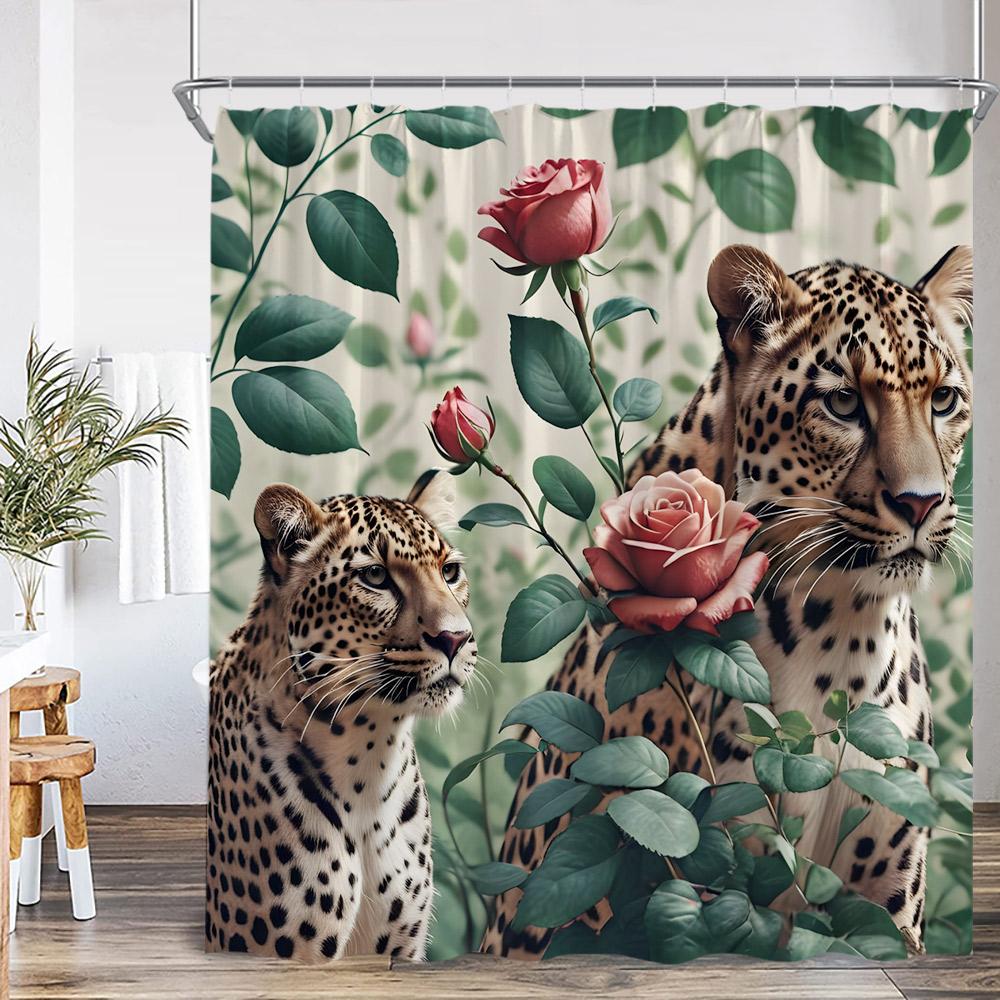 Leopard Floral Shower Curtain Bathing Wild Animal Print Green Leaf Flower Elegant Panther Bathroom Decor Modern Bath Curtain