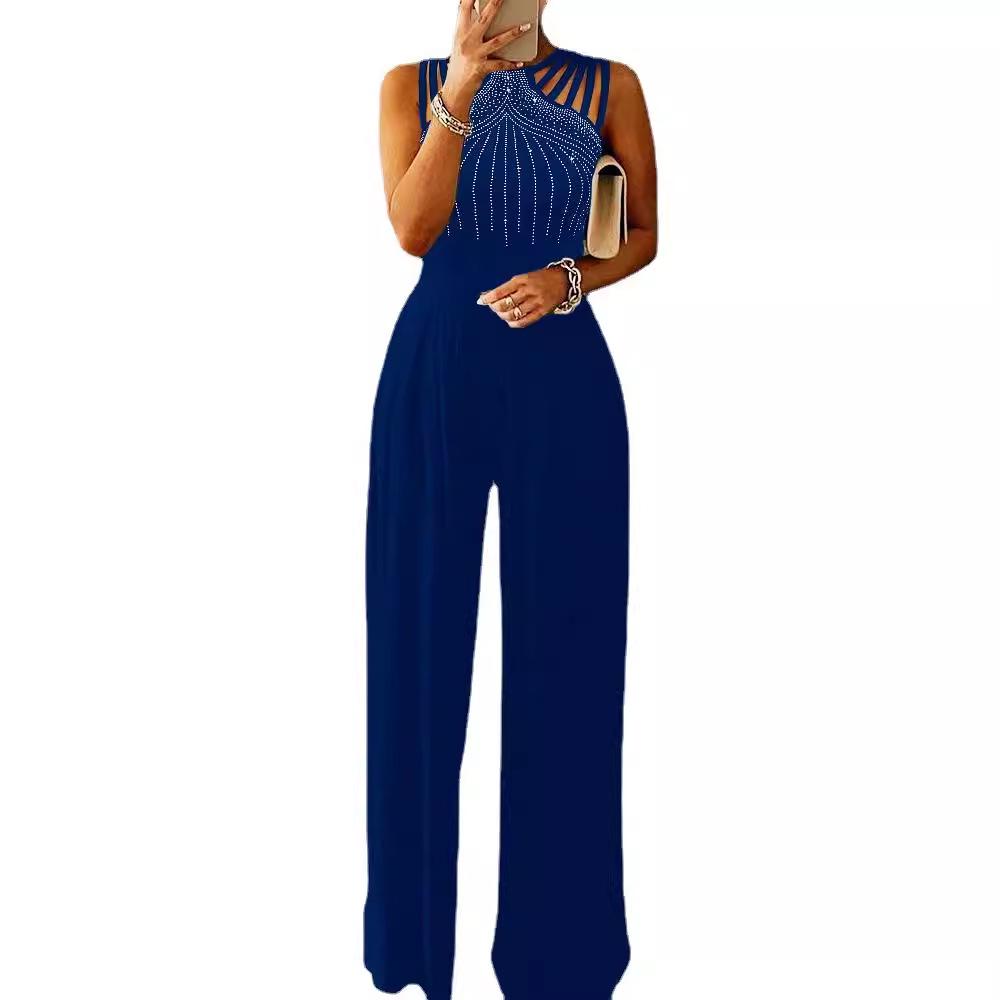 2023 Strass Weitbein-Jumpsuit: Europäischer & Amerikanischer Sommerstil, Taillenbetontes einfarbiges Kleid