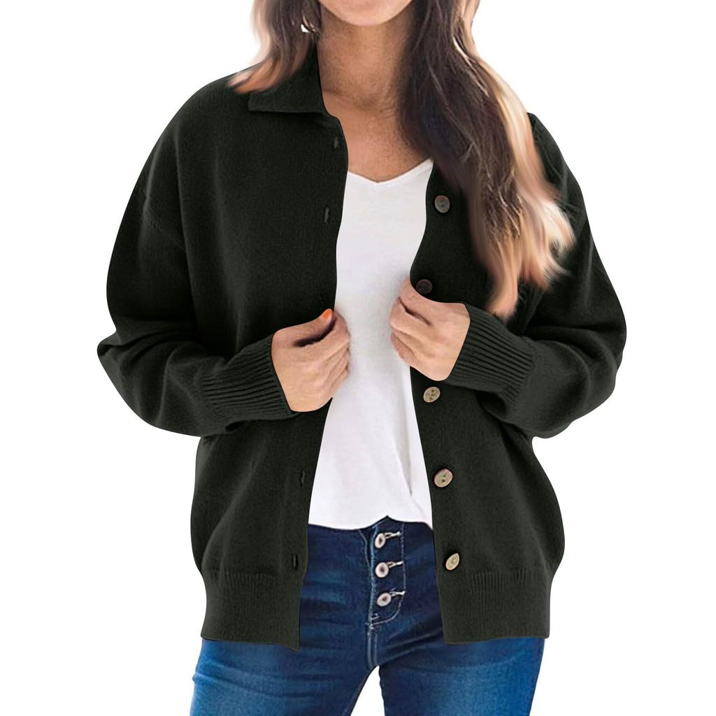 Women's Fashion Casual Solid-Colour Long-Sleeved Button-Front Knitted Collared Cardigan