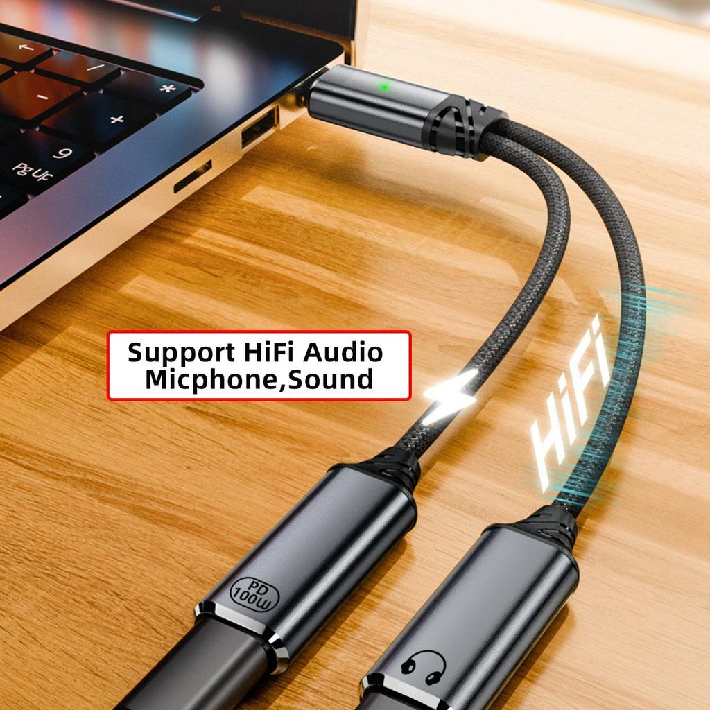 UC-030-TC001 USB-C Male to Dual Female Audio DAC AUX/100W PD Power Cable for Laptop/Tablet/Phone