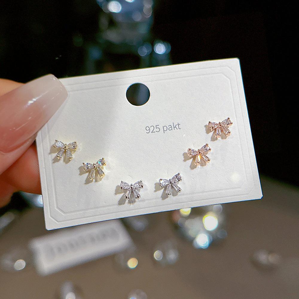 925 Silber Nadel Ohrring Set - Goldene Schleife und Persönlichkeitsdesigns, Drei Paare