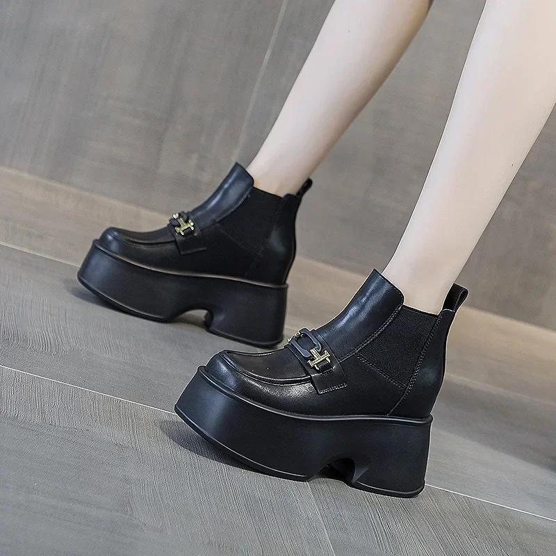 Fashion 11CM Genuine Leather Winter Plush  Platform Wedge Fashion Autumn Booties Women Boots Spring ELastic Babd Height Increasing Shoes