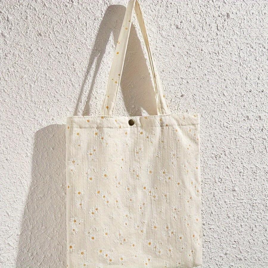 Daisy Embroidered Tote Bag for Women Sweet Style Floral Shoulder Bag with Fixed Strap Reusable Shopping/Gift Bag Perfect for Mother Day Weddings