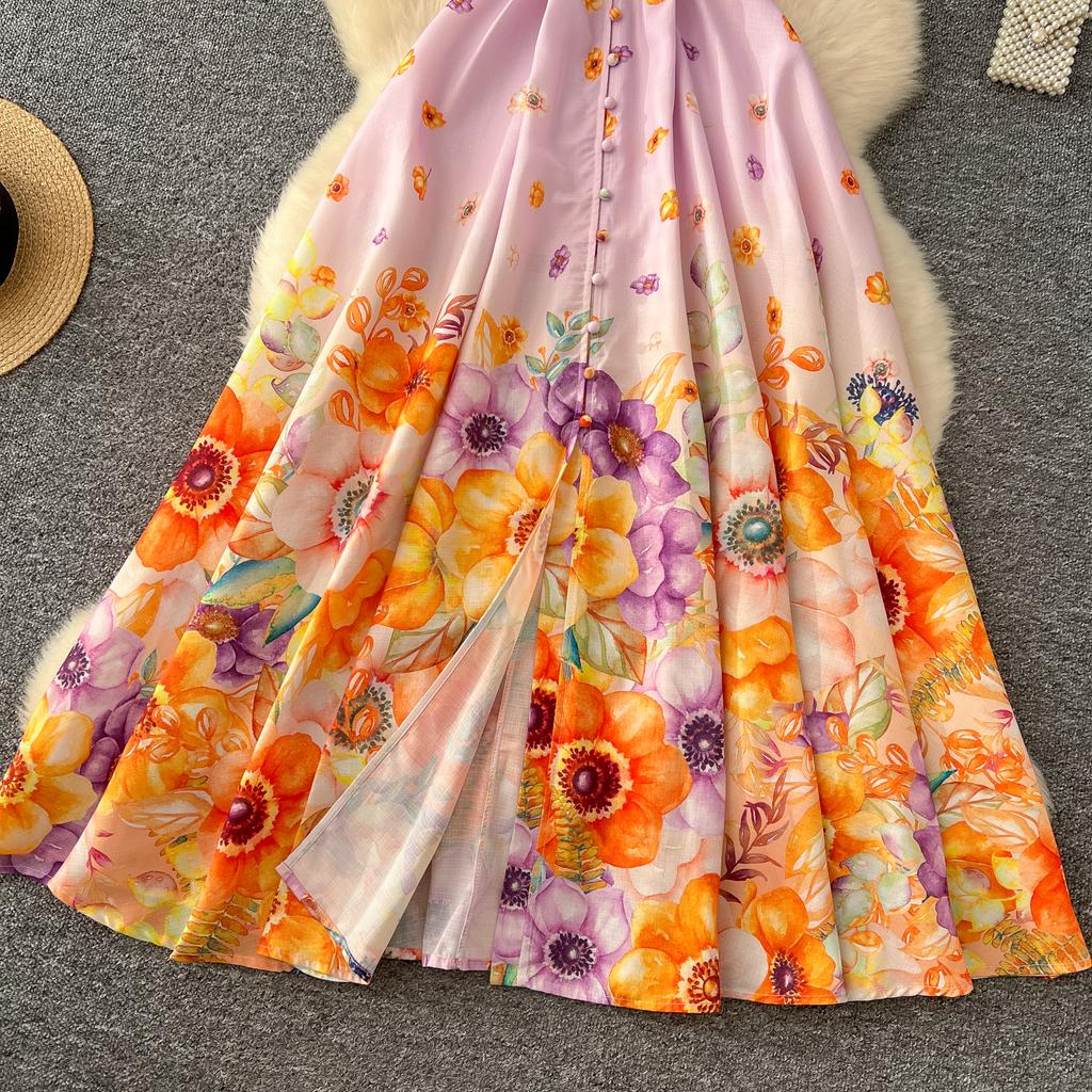 Kleid mit Blumendruck für Damen, Rüschen, fliegende Ärmel, kontrastierende einreihige Kleider, Taillenschnürkleider im Palaststil