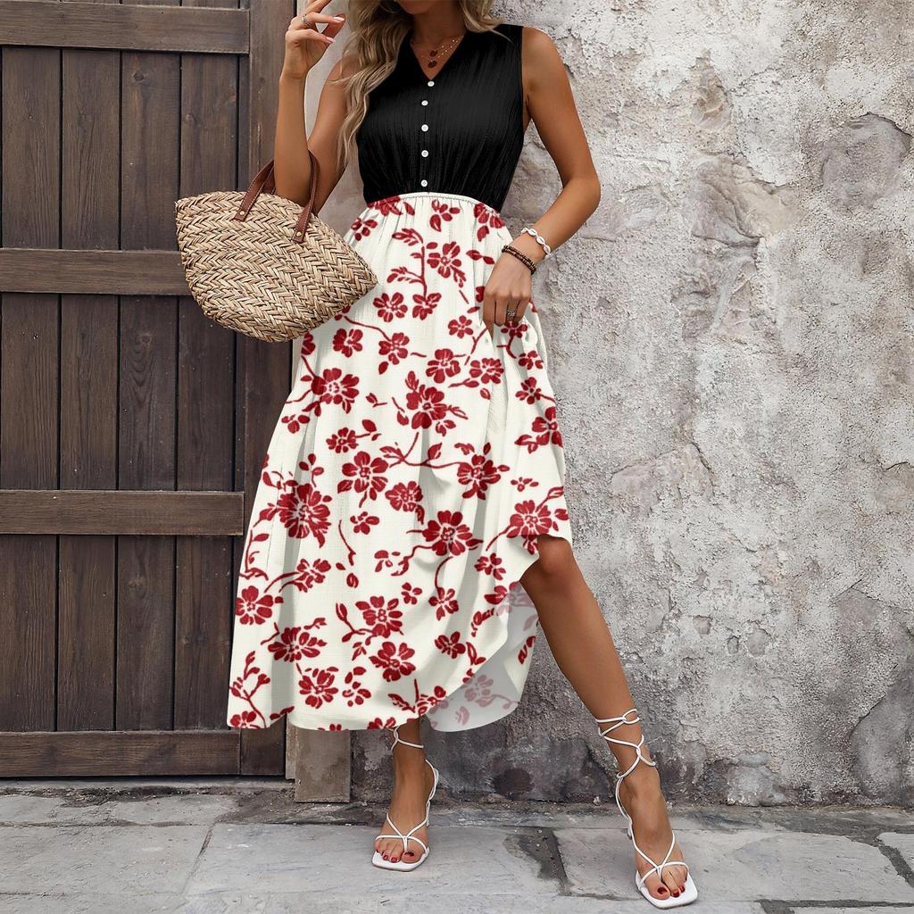 Women's Casual And Fashionable V-neck  Sleeveless Printing Mid Length Dress