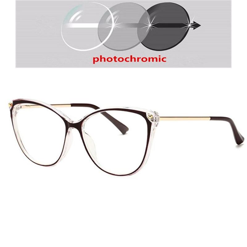 Big Frame Blue Light Blocking Cat Eye Glasses Women Photochromic Gray Prescription -6 To 0