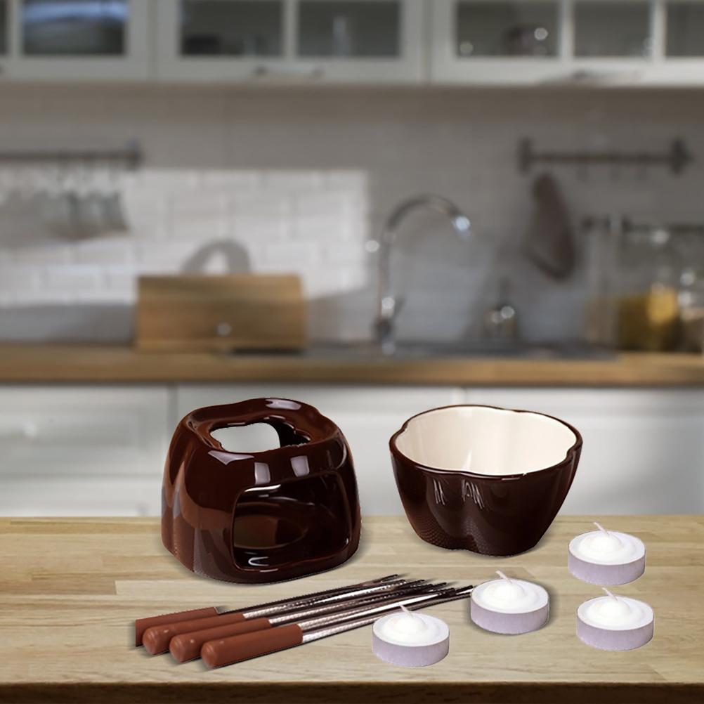 Chocolate Fondue Set Ceramic Pot with 4 Forks & Candles