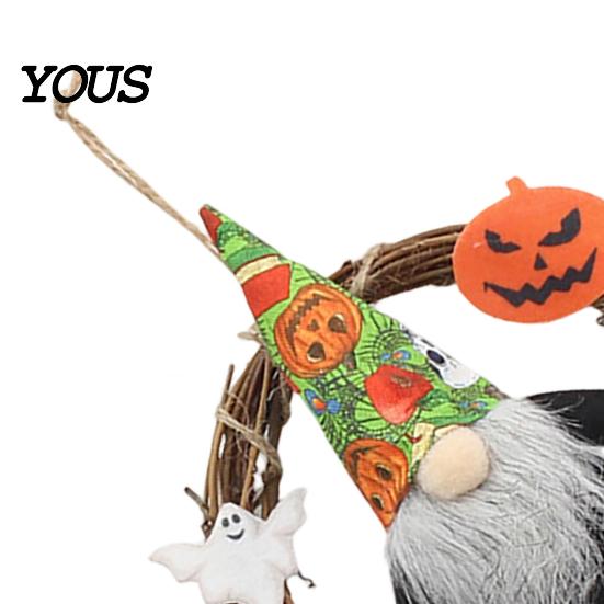 Halloween Wall Hanging Gnome Wreath, Faceless Rattan Rustic Decoration Holiday Door Hanger with Pumpkin Ghost for Front Party Decor