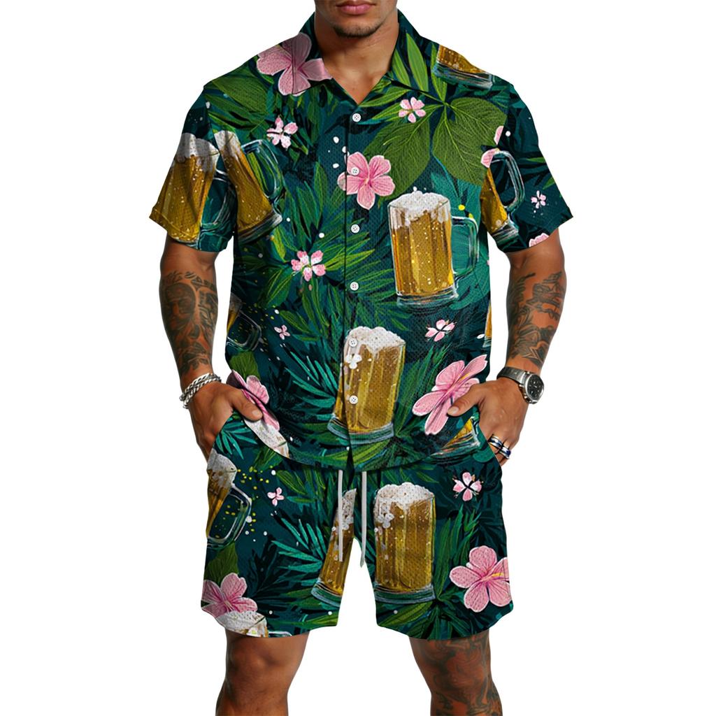 Men's Casual Short Sleeve Shirt and Shorts Set Beer Festival Print Lightweight Breathable Summer Outfit for Outdoor Activities