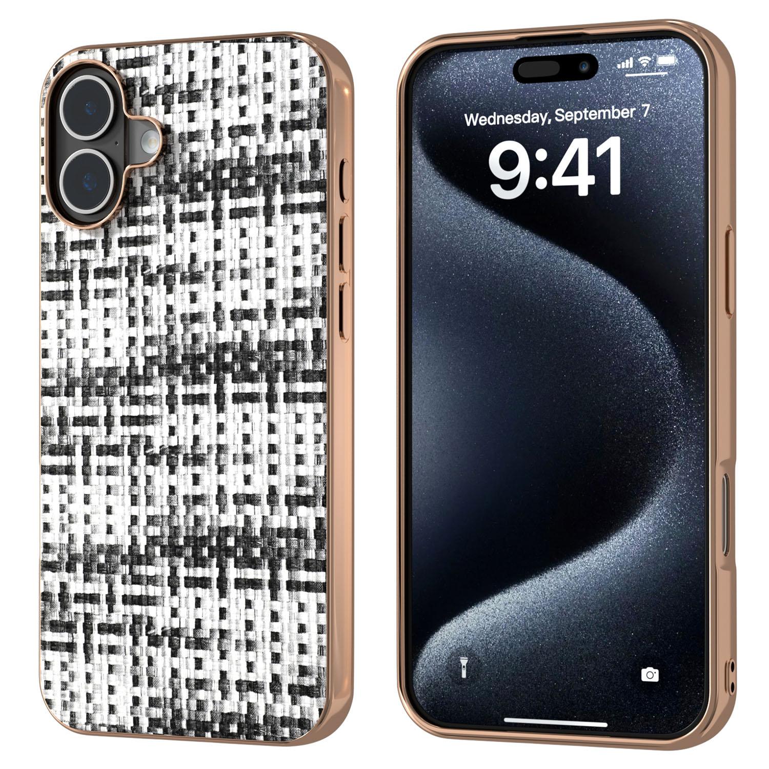 

For iPhone 16 Plus Case Electroplating Edge Plaid Texture PU Leather+PC+TPU Phone Cover A
