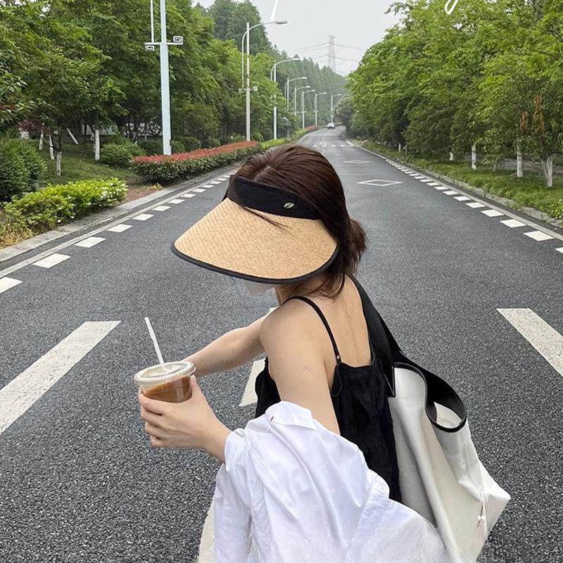 Leaf Metal Mark Empty Top Hat Braided Large Edge Sun Protection Sun Protection UV Rays Hat Showing Small Face