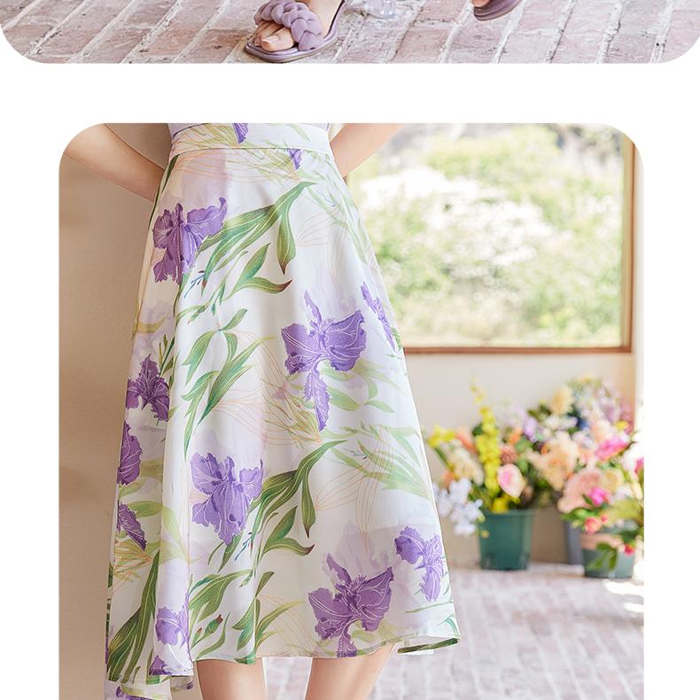 French style fresh and elegant style, purple imitation satin, niche print A-line skirt, slimming half skirt