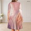 Women Plus Size V Neck Long Sleeve Blue Gold Marble Printed Curved Hem Dress