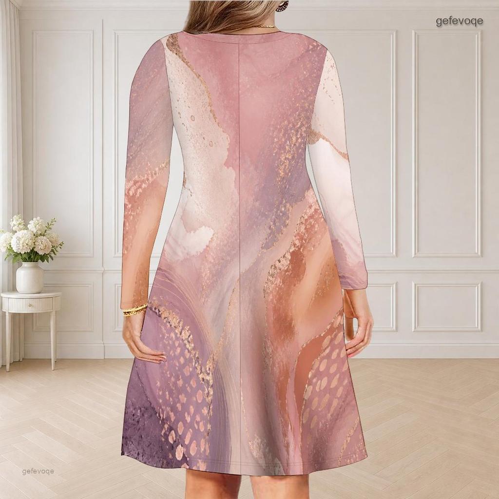 Women Plus Size V Neck Long Sleeve Blue Gold Marble Printed Curved Hem Dress
