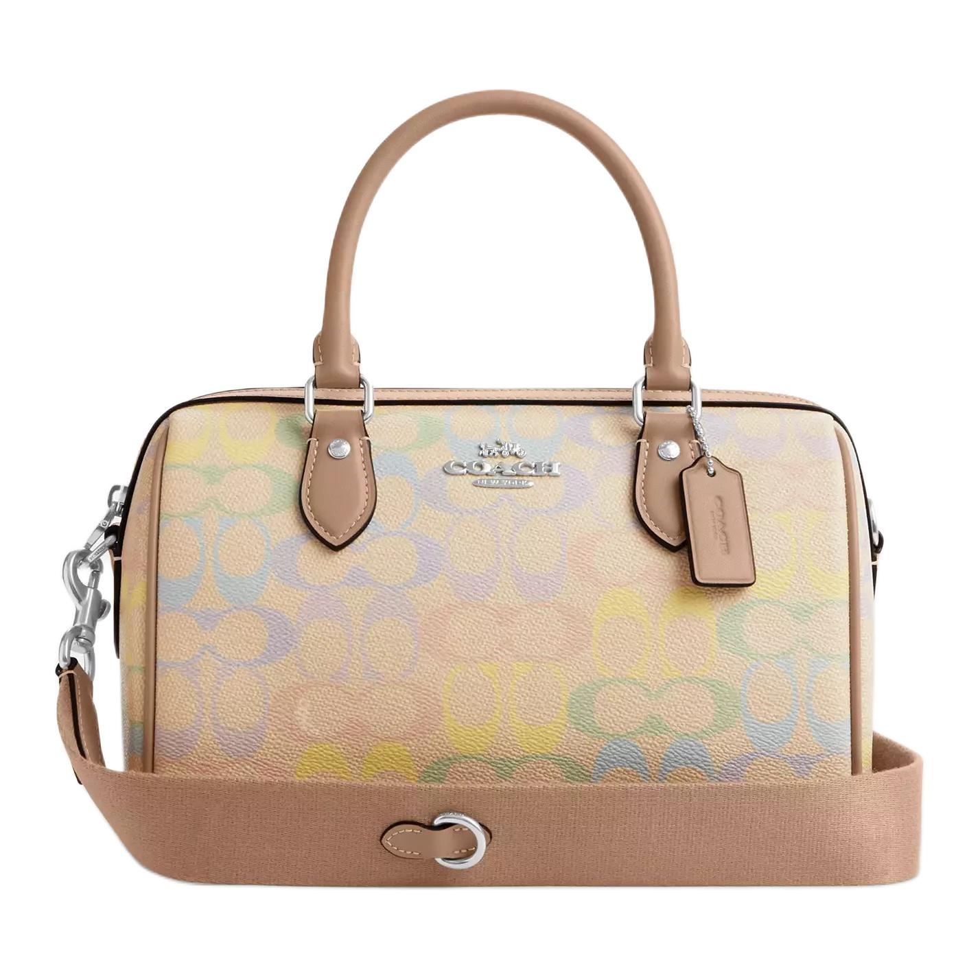 

Coach Rowan 25 Silver Logo Rainbow Print Removable Shoulder Strap Zipper Closure Coated Canvas Boston Bag Women Handbags Beige CDA90-SVSAS Basic Set (Bag+Dust Bag)
