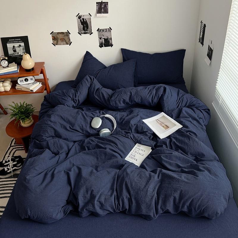 Washed Cotton Bedding Set Solid Color Brushed Bed Sheets Dorm Home