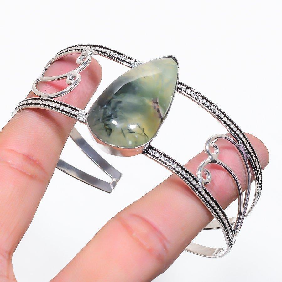 Natural Prehnite Gemstone 925 Sterling Silver Cuff Bangle Adjustable u7P22