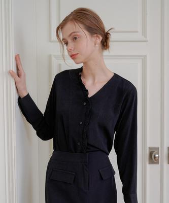BIBYSEOB V-Neck Frill Shirt Black [T41]