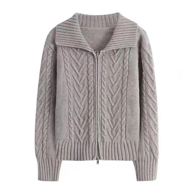 Autumn Winter Twist Zipper Cardigan Women Sweater Jacket Fashion Loose Casual Thickened Knitted Coats Lapel Solid Color Long Sleeve Elegant Clothing