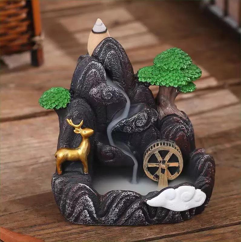 Creative Resin Backflow Incense Burner with High Mountain Flowing Water and Clouds Aromatherapy