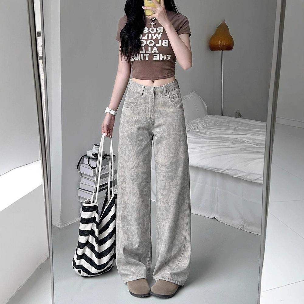 Summer Wide-legged Jeans Female Thin Section Tie Dye Printing Niche Design Loose Straight Pants Retro Street Style Baggy Long Jeans for Ladies