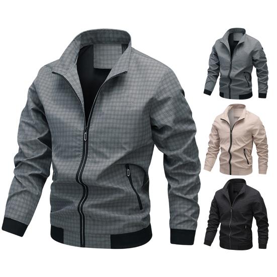 Yousheng Men Jacket Lapel Long Sleeve Zipper Placket Jacket Coat with Pockets Plaid Print Loose Fit Casual Outwear