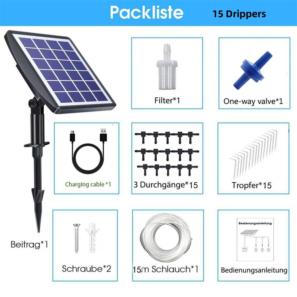 Solarbetriebenes automatisches Tropfbewässerungsset, selbstbewässernde Geräte mit Wassersensor, unterstützt 10–15 Topfpflanzen