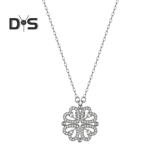 

2 в 1 ожерелье с подвеской в виде четырехлистного клевера, подвеска в форме сердца с кубическим цирконием, ювелирное украшение для женщин, подарок на День святого Валентина серебряный
