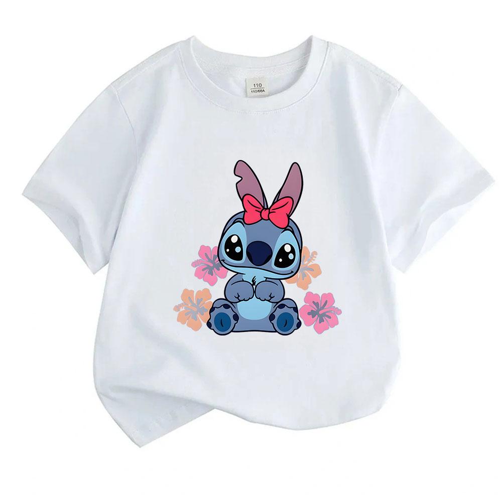 Cute Cartoon Blue Alien Print Kids Unisex 100% Cotton T-shirt, Boys Girls Crew Neck Short Sleeve Casual Tees with Hibiscus Flower Pattern for Summer D